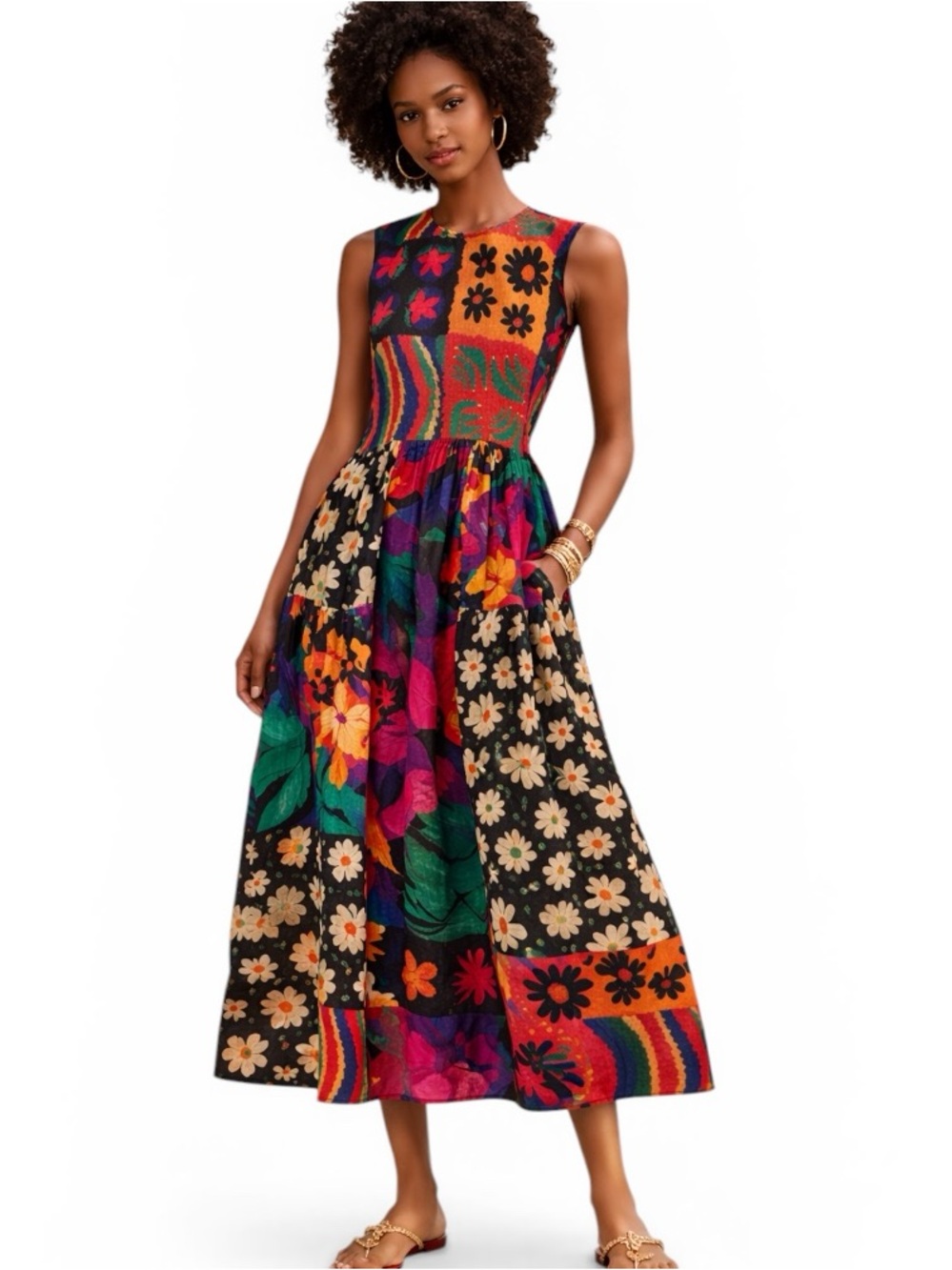 FARM RIO Sleeveless Patchwork Pop Mixed Print A Line Midi Flowing Dress Sz S